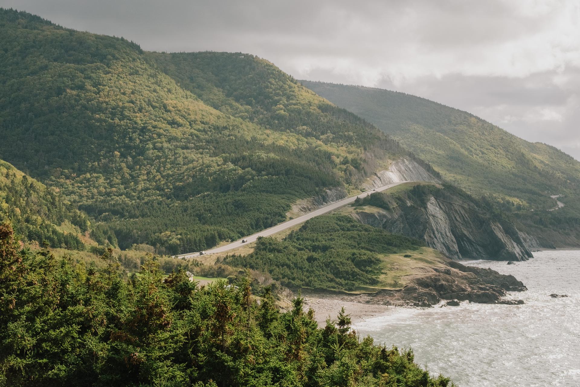 Scenic coastal road winding through forested hills and cliffs beside the ocean