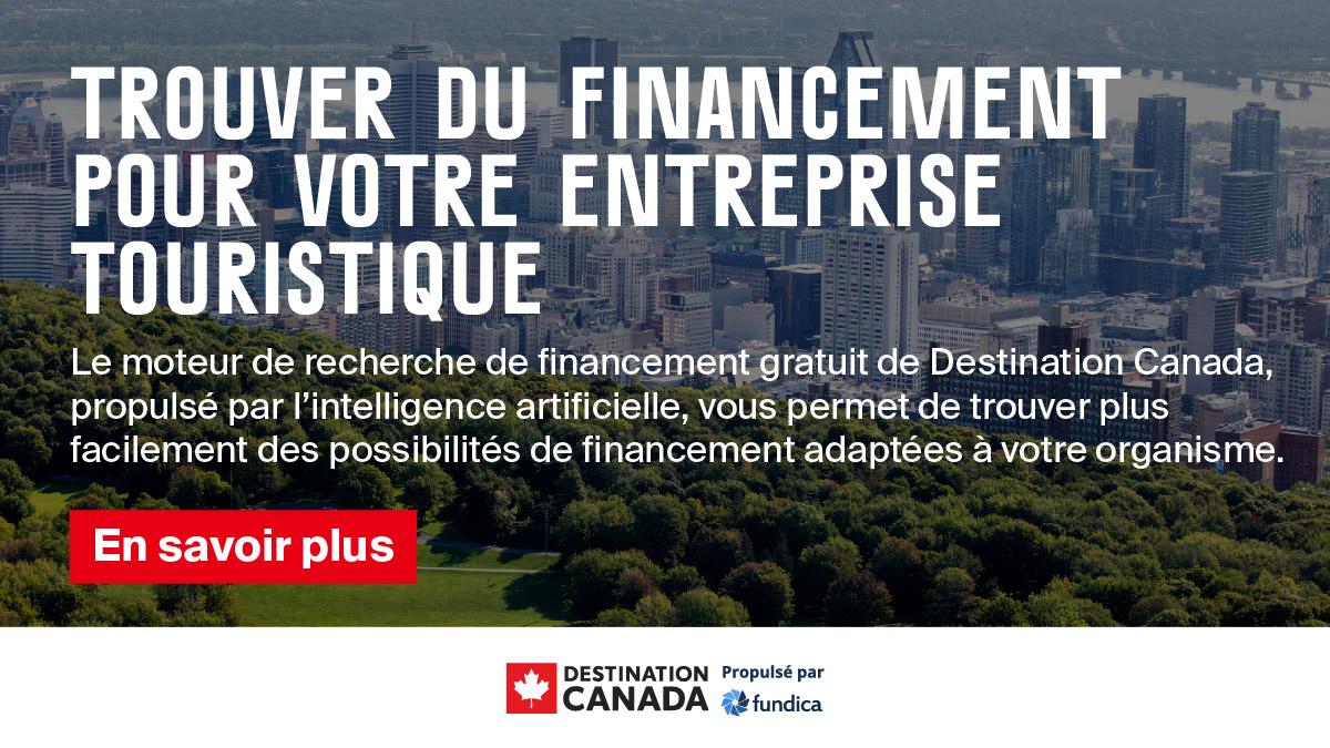 Destination Canada promotional graphic advertising a free AI-driven funding search engine for Canadian tourism businesses, powered by Fundica.