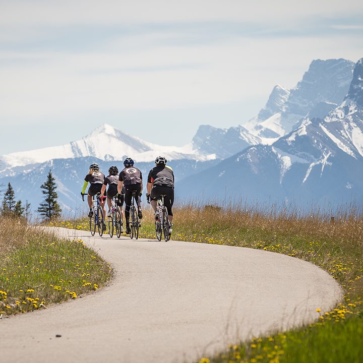 Cyclists riding in the mountains